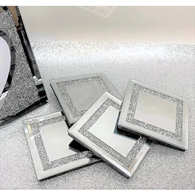 Image of Biznest New 10x10cm Square Shape Sparkle Diamante Crushed Jewel Glass Glitter Coasters Set of 4 Home Décor (Crushed Border)