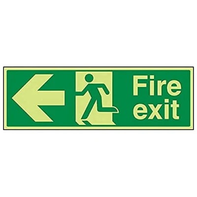 Image of V Safety 14003BJ G Glow In The Dark Fire Exit Arrow Left Sign 450mm x 150mm Rigid Plastic, Green