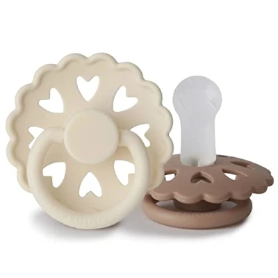 Image of FRIGG Fairytale Silicone Pacifier Pack of 2 Soother Dummy BPA Free Made in Denmark Symmetrical Cherry Shaped Nipple (Cream/Silky Satin (6 18 Months))