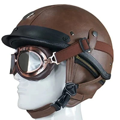 Image of Retro Leather Motorcycle Half Helmet for Men and Women, Vintage Pilot Style Adult Open Face Bike Cruiser Chopper Moped Scooter Motorbike DOT Certified brown,L