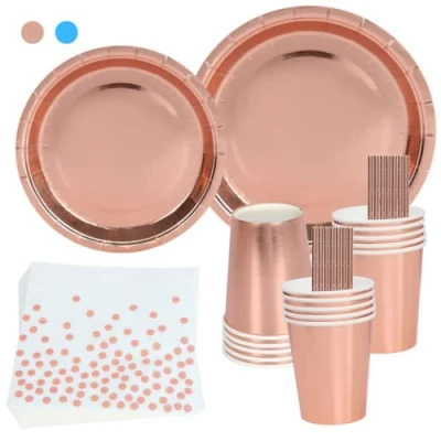 Image of Magnolia Rose Gold Party Tableware Set Disposable Paper Plates, Cups, Napkins, Straws, Dinnerware 25 Guests (Rosegold)