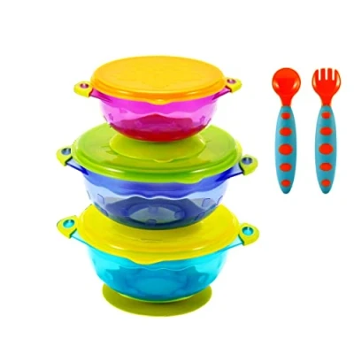 Image of PandaEar Stay Put Spill Proof Stackable Baby Suction Bowls 3 Sizes for Toddlers with Silicone Feeding Utensils and Secure Lids BPA Free