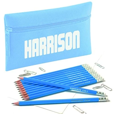 Image of Zip Pencil Case with Name and 12 Embossed HB Eraser Tipped Pencils (Sky Blue)