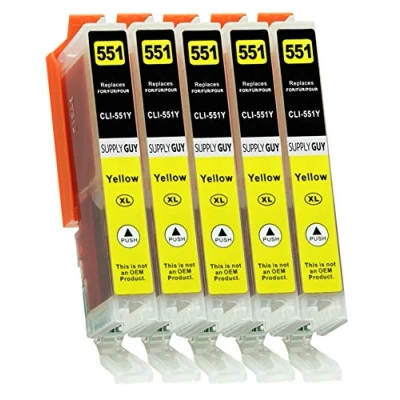 Image of Supply Guy 5 Ink Cartridges compatible with Canon CLI 551 Yellow Chip and Level Indicator for IP7250 IP8750 IX6850 MG5450 MG5550 MG5650 MG5655 MG6350 MG6450 MG6650 MG7150 MG7550 MX725 MX925