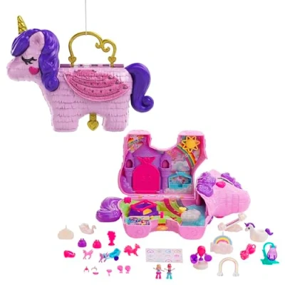 Image of Polly Pocket Micro, Unicorn Party Playset, Pink Toy with Purple Hair, 25 Surprises Inside, Toys for Ages 4 and Up, One GVL88