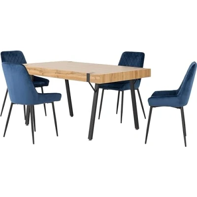 Image of Seconique Treviso Dining Table Set with 4 Avery Chairs in Light Oak Effect/Sapphire Blue Velvet