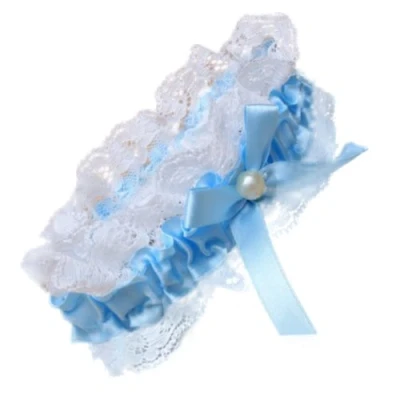 Image of White Lace and Blue Ribbon Bow with Centre Pearl Elasticated Garter Bridal by Pritties Accessories