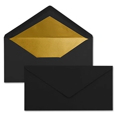 Image of NEUSER PAPIER Envelope, 25 Letter DIN Long (22.0 x 11.0 cm), Black with Gold Metallic Inner Lining, Self Seal, Umschläge, Classic, Rectangular, 25.0 count, Made in Germany