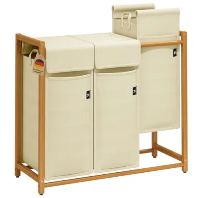 Image of AdelDream laundry basket clothes sorter with 3 compartments removable bag item collector bamboo 150L Beige