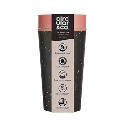Image of Circular and Co Leakproof Reusable Coffee Cup 12oz/340ml The World&#039;s First Travel Mug Made from Recycled Cups, 100% Leak Proof, Sustainable &amp; Insulated (Black Giggle Pink)