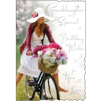 Image of Granddaughter Birthday Card Special Floral Bouquet and Bike Ride Finishes Illustrated Insert Leaf Made in the UK
