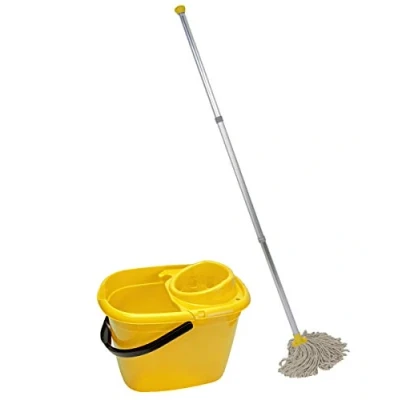Image of Abbey Professional Mop and Bucket Set Heavy Duty with Wringer Two Traditional Cotton Heads for Cleaning Floors Strong Aluminum Handles Capacity 12L Pouring Lip (Yellow)