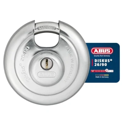 Image of ABUS Discus padlock 26/90 weatherproof with drill and pull protected cylinder security level 8 silver