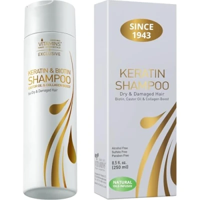 Image of Vitamins Keratin Sulphate Free Shampoo Biotin Collagen and Coconut Oil Protein Repair Treatment for All Hair Types, Coloured Dry &amp; Damaged Frizz Control Curly Wavy or Straight