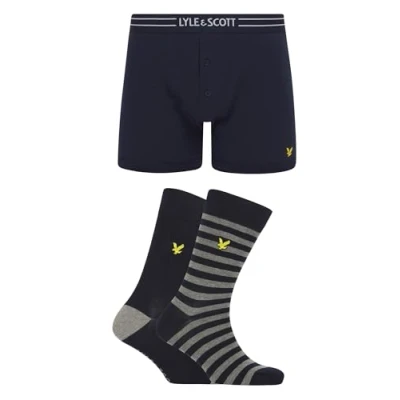 Image of Lyle &amp; Scott Men&#039;s HUMPHREY Trunk Socks Gift Box Set PEACOAT SOCKS/PEACOAT/STRIPE (X Large)