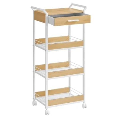 Image of VASAGLE Storage Trolley, 4 Tier Rolling Cart with Table Top, Handles, Lockable Castors, Top Drawer, Mesh Shelves, for Kitchen, Bathroom, Bedroom, Golden Oak and Cloud White LRC049N01