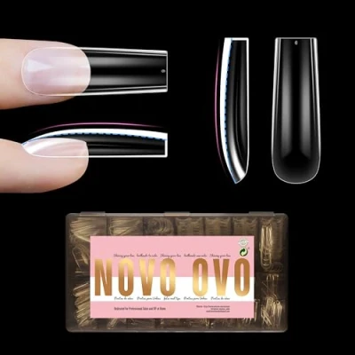 Image of NOVO OVO L Sculpted Thick Square Nail Tips for Flat Nails, Extra Long False Nails Press on, Full Cover Soft Gel Extension Fake Acrylic kit, Clear X 15 Sizes 450pcs