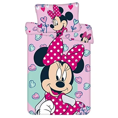 Image of Disney Minnie Mouse Pink Baby Bed Linen Set, 100 x 135 cm Duvet + 40 60 Pillow, 100% Cotton with Zip