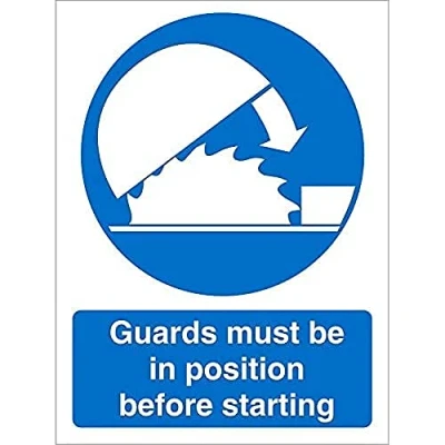 Image of Seco Guards Must Be in Position Before Starting Sign, 150mm x 200mm 1mm Semi Rigid Plastic