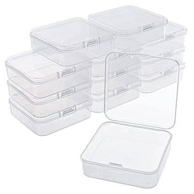 Image of BELLE VOUS 12 Pack of Clear Plastic Storage Box Containers with Hinged Lids W6.3 x L6.3 H1.6cm /2.48 2.48 0.63 Inches Mini boxes for Pills, Beads, Jewellery &amp; Craft Items