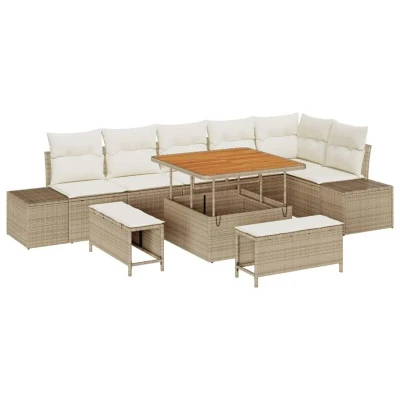 Image of vidaXL 9 Piece Garden Sofa Set with Cushions Beige Poly Rattan Acacia