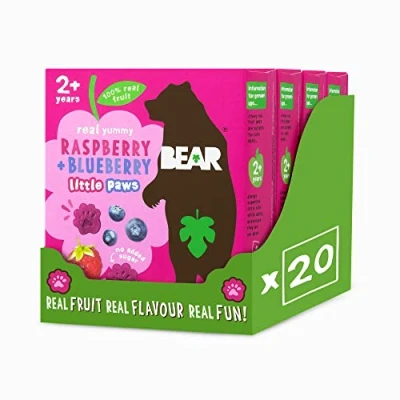 Image of BEAR Raspberry &amp; Blueberry Paws Delicious Real Fruit Suitable for 2+ years Healthy 20g 4 x 5 Packs (Pack of 20)