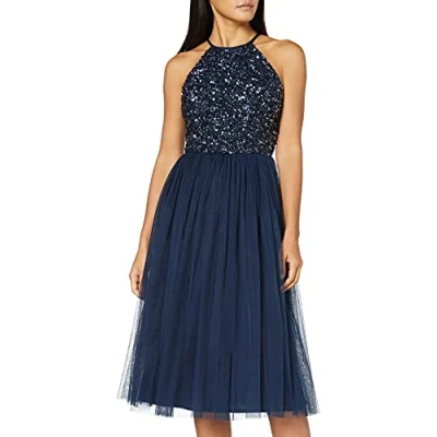 Image of Maya Deluxe Women&#039;s Ladies Midi Dress with Halter Neck Tulle for Evening Graduation Prom Wedding Bridesmaids Ball Gown, Navy, 14