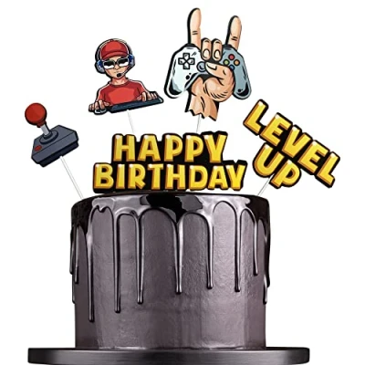 Image of Gaming Cake Toppers Set Personalized Happy Birthday Topper Decorations 5 PCS Party Supplies for Decor Video Kids Boys
