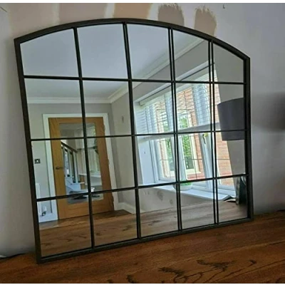 Image of Biznest Large Rectangle Arch Window Mirror Durable Metal Frame Indoor Outdoor Wall Mounted Style Home 76X90Cm (Black)