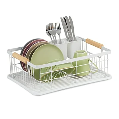 Image of Relaxdays, Cutlery Basket &amp; Drip Tray, Kitchen Draining Rack, Plastic, Metal, White, 1 item