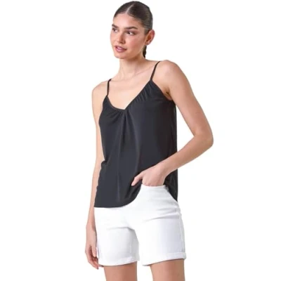 Image of Roman Originals Gathered V Neck Stretch Vest Top for Women UK Ladies Everyday Holiday Spring Summer Neckline Comfy Soft Evening Vacation Work Party Black Size 20