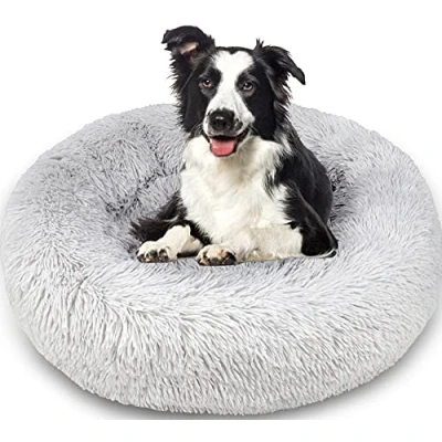 Image of Enjamoy Plush Donut Dog Bed, Calming Round Cat Bed Soft and Fluffy Cuddler Pet Cushion Self Warming Puppy Beds Machine Washable, Grey 80cm