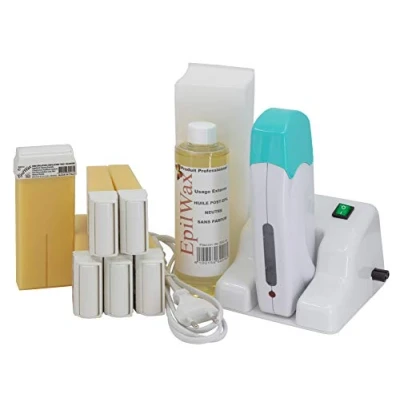 Image of Epilwax Complete Hair Removal Waxing Kit with Modular Base Includes 6 Wax Roll On Cartridges, Heater, 100 Strips and Oil (White (Vanilla))