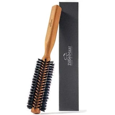 Image of ZilberHaar Styler Hair and Beard Brush Round Brush, 1.3 Inch Stiff Boar Bristles 8.5 Pearwood Handle 222 Plugs of Grooming for Men