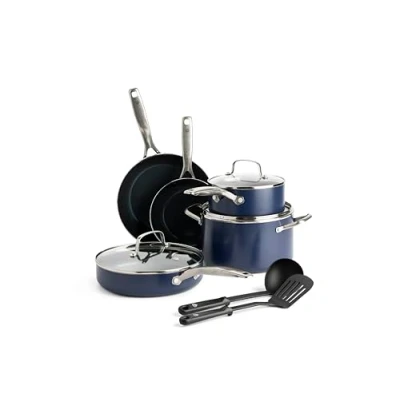 Image of Blue Diamond Cookware Set, Non Stick Aluminium Set with Pots, Pans &amp; Cooking Utensils Induction Oven Safe 10 pcs,