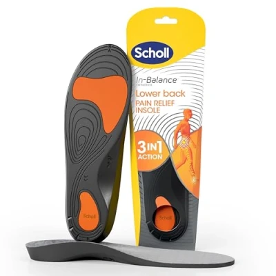 Image of Scholl Orthotic Lower Back Pain Relief Insoles, 3 in 1 Action Shock Absorption, Stabilisation &amp; Pressure Redistribution, Deep Heel Cup and Arch Support , Size Medium, UK 7 8.5, Pair