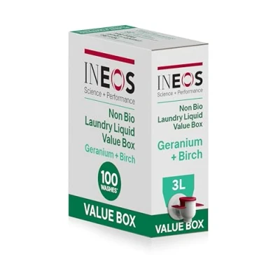 Image of INEOS Next Gen Non Bio Laundry Washing Liquid Detergent, Stain Removal for Clothes, Plant Powered, Eco value box Geranium + Birch 3L, Stress Relieving Fragrance, Vegan, Cruelty Free