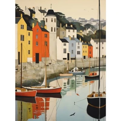 Image of Artery8 Dartmouth Harbour Boats Watercolour Painting Devon Scenic River Dart Townscape Large Wall Art Poster Print Thick Paper 18X24 Inch