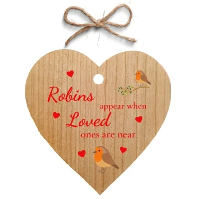 Image of Second Ave Robins Appear When Loved Ones are Near Cherry Wood Hanging Heart Christmas Xmas Tree Decoration Bauble