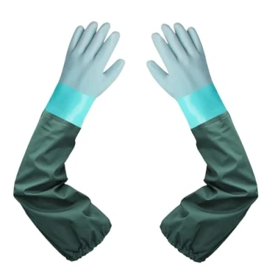 Image of MIN XL Pond Gloves, Extra Long Waterproof Rubber Resist Acid, Alkali &amp; Oil, Machinery, Industry, Fishery, Aquarium Gloves (Green)