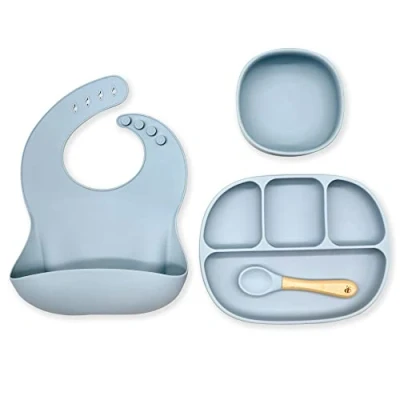 Image of Baby Weaning Set Toddler Feeding Plate, Bowl, Spoon, Bib Silicone and Wood Materials (Dusty Blue)