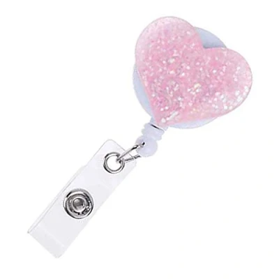 Image of Heart Type Glittery Badge Reel Retractable ID Card Holder with Belt Clip Door Pass for Keys Cards (Light Pink)