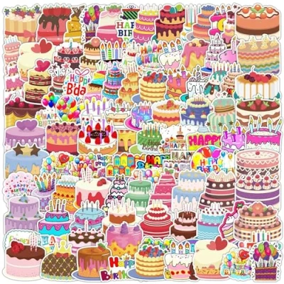 Image of 100Pcs Cake Stickers Laptop Car Scrapbook Phone Skateboard Suitcase Luggage Bike Birthday Vinyl Waterproof Aesthetic Personalised for Teens Boys Girls Adults Children