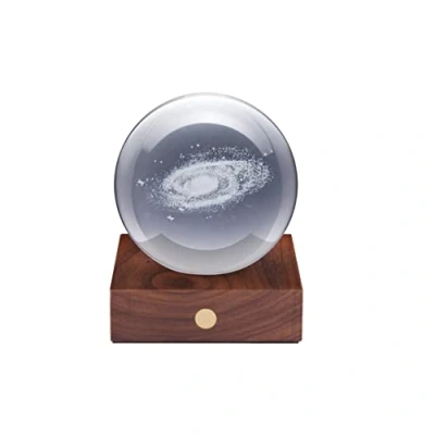 Image of Gingko Amber 3D Laser Engraved Premium Crystal Light with Wooden Walnut Base, LED Lights, Touch Control Button, 4 Brightness, USB C Charging, Packed in Gift Box (Galaxy)