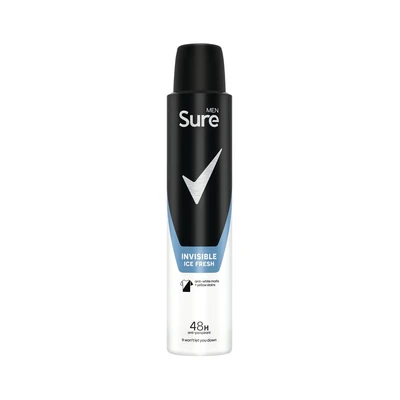 Image of Sure men Invisible Ice Fresh Anti Perspirant Aerosol deodorant for that protects against white marks and yellow stains 48 hour sweat odour protection 6x 200ml