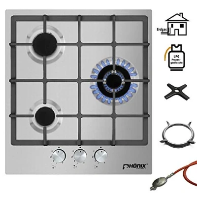 Image of Phönix PS 450T Built In Gas Hob Stainless Steel Cooker 3 Hobs Propane/Natural Including Hose Regulator Set for Propane Bottles + Cast Wok Attachment Cross