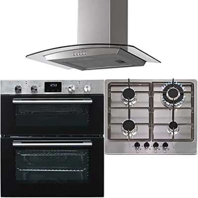 Image of SIA 60cm DO111SS Stainless Steel Double Electric Fan Oven, SSG601SS 4 Burner Gas Hob With Cast Iron Pan Stands &amp; CGH60SS Curved Glass Cooker Hood