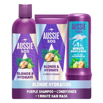 Image of Aussie Blonde Hydration Vegan Purple Shampoo, Conditioner And 3 Minute Miracle Hair Mask Set, Silver Toner, Neutralises Yellow &amp; Brassy Tones for Hydrated Hair.