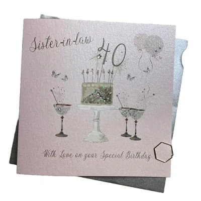 Image of WHITE COTTON CARDS Happy 40th Birthday Card Sister in Law Champagne Glasses Pink Roses SS42 SIL40,16cm x 16cm