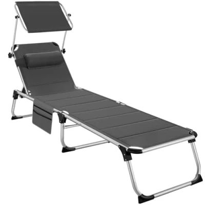 Image of TecTake® Folding Sun Lounger with Padding Adjustable 6 Position Backrest &amp; Canopy, Aluminium Frame, Side Pocket Removable Headrest Weather UV Resistant Garden Chair Grey